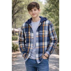 LL Bean Signature Hooded Plaid Shirt Jacket Slim Fit Men’s M Blue Orange Flannel